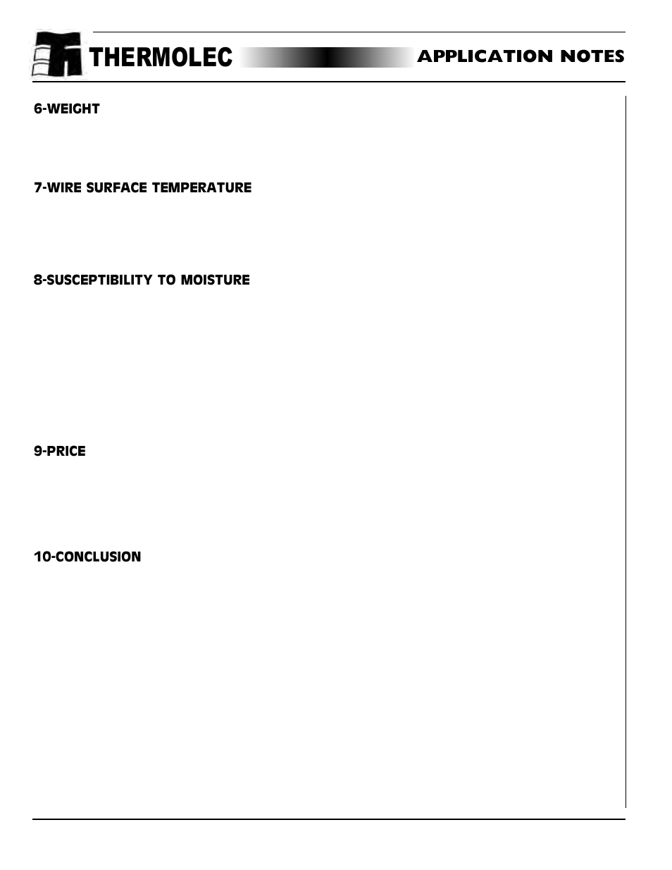 Weight, Wire surface temperature, Susceptibility to moisture | Price, Conclusion, Thermolec | Thermolec Application &Technical Notes User Manual | Page 52 / 73