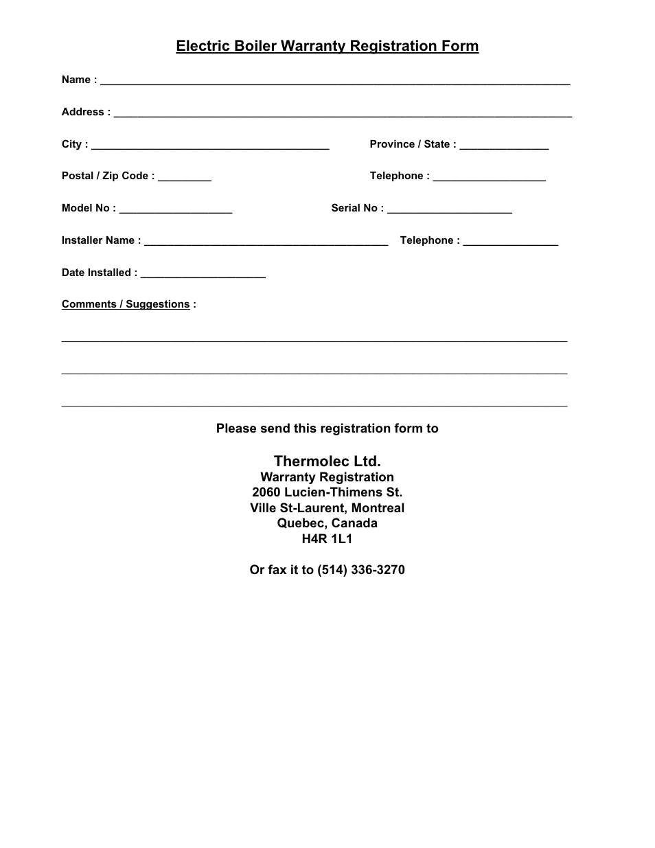 Electric boiler warranty registration form, Thermolec ltd | Thermolec Mini Boiler User Manual | Page 13 / 21