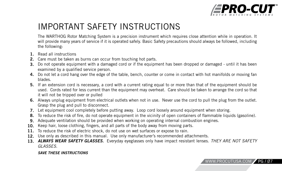 Important safety instructions | Pro-Cut Warthog User Manual | Page 7 / 88