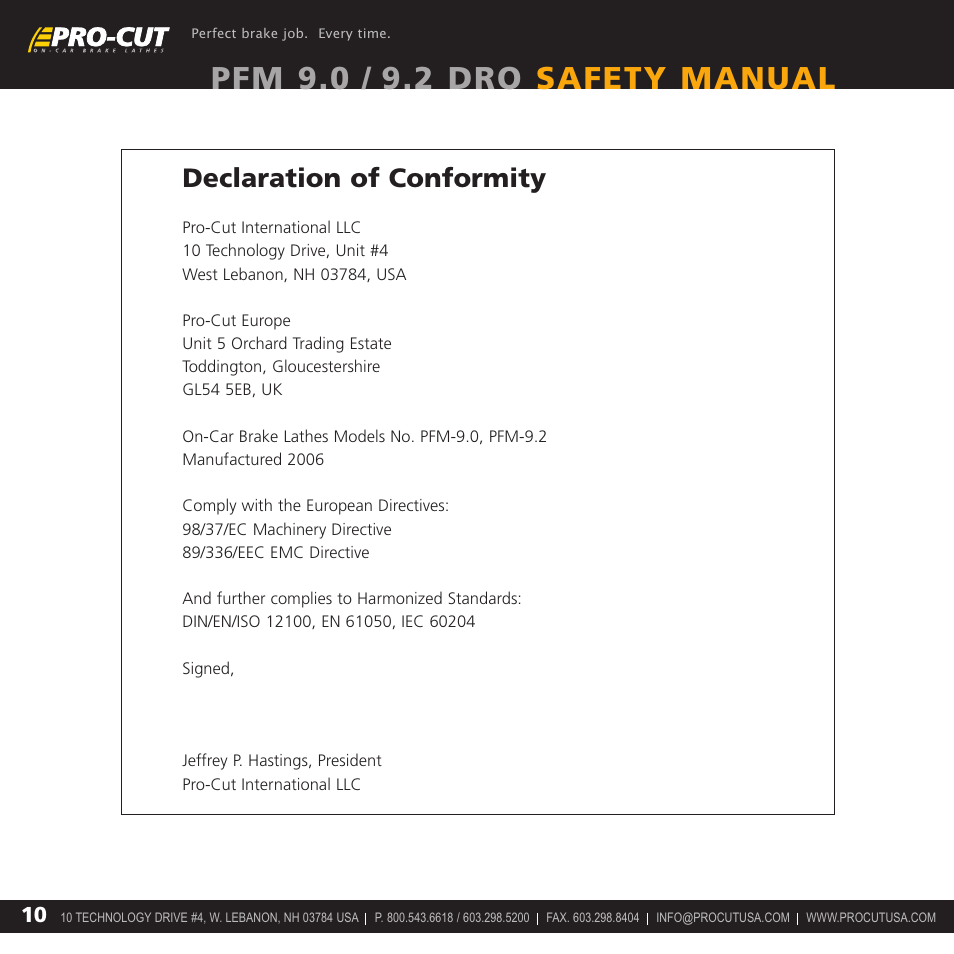 Pfm 9.0 / 9.2 dro safety manual, Declaration of conformity | Pro-Cut PFM 9.2 User Manual | Page 10 / 14