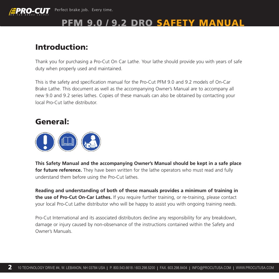 Pfm 9.0 / 9.2 dro safety manual, Introduction, General | Pro-Cut PFM 9.2 User Manual | Page 2 / 14