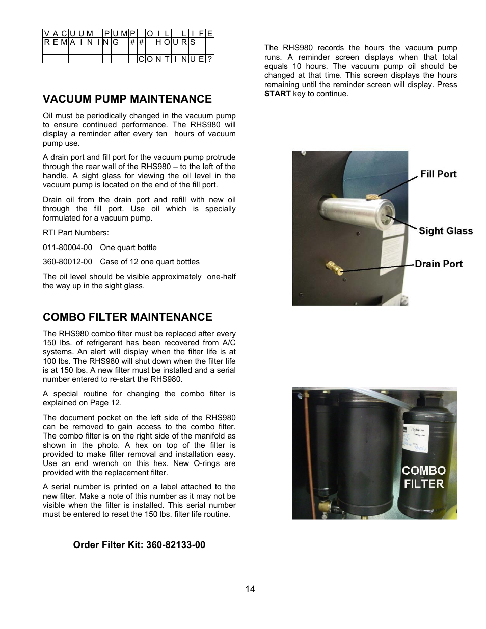 Vacuum pump maintenance, Combo filter maintenance | MAHLE RTI RHS980 User Manual | Page 15 / 17