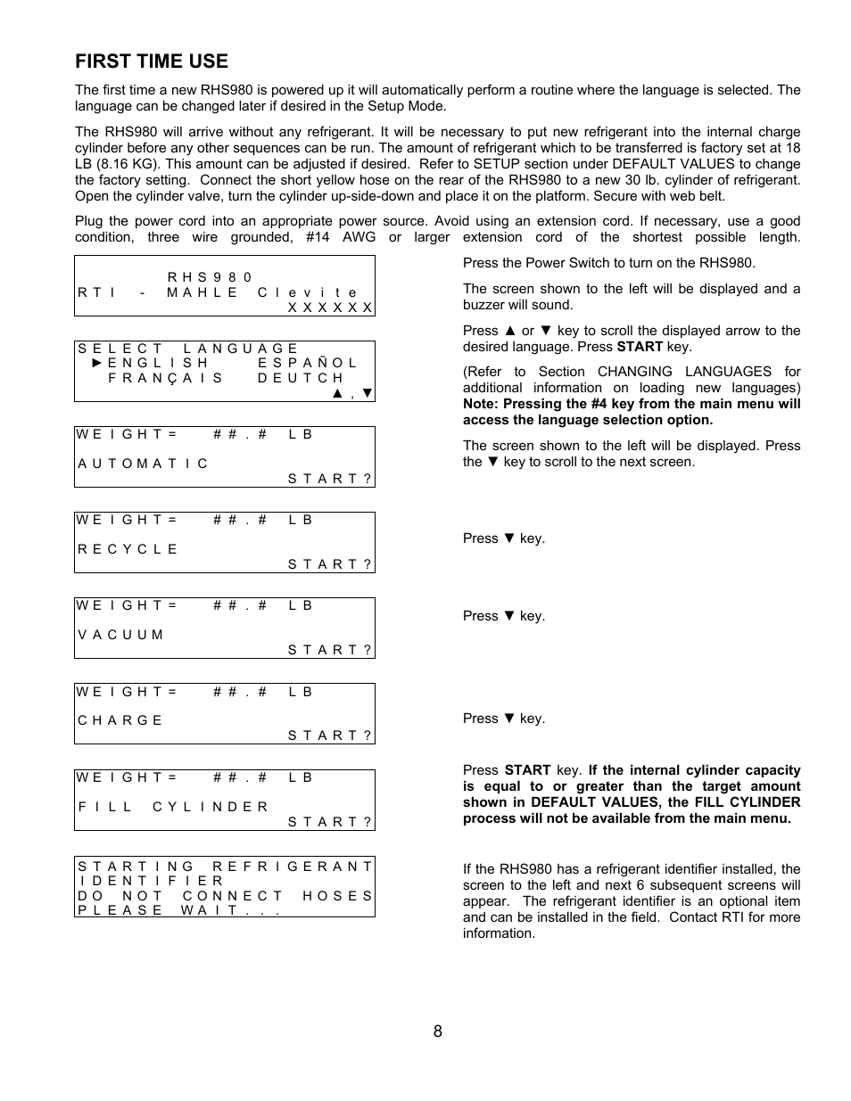 First time use | MAHLE RTI RHS980H User Manual | Page 9 / 41