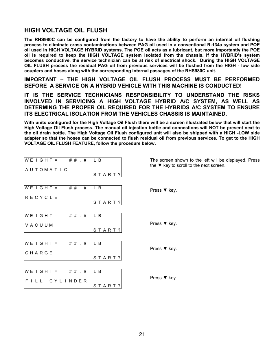 High voltage oil flush | MAHLE RTI RHS980C User Manual | Page 22 / 45