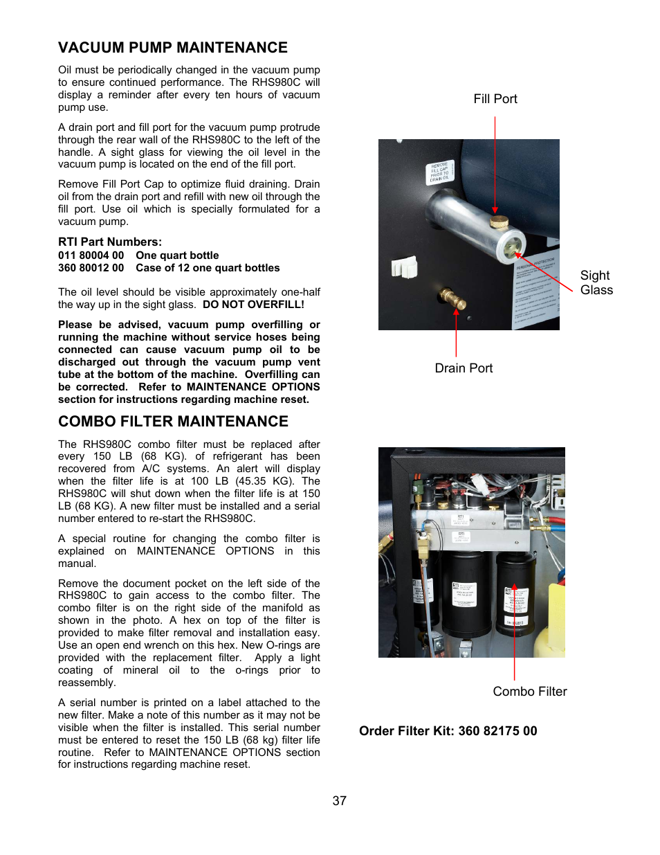 Vacuum pump maintenance, Combo filter maintenance | MAHLE RTI RHS980C User Manual | Page 38 / 45