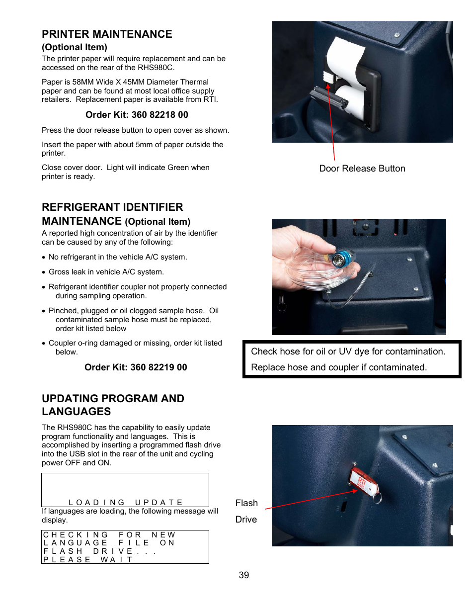 Printer maintenance, Refrigerant identifier maintenance, Updating program and languages | MAHLE RTI RHS980C User Manual | Page 40 / 45