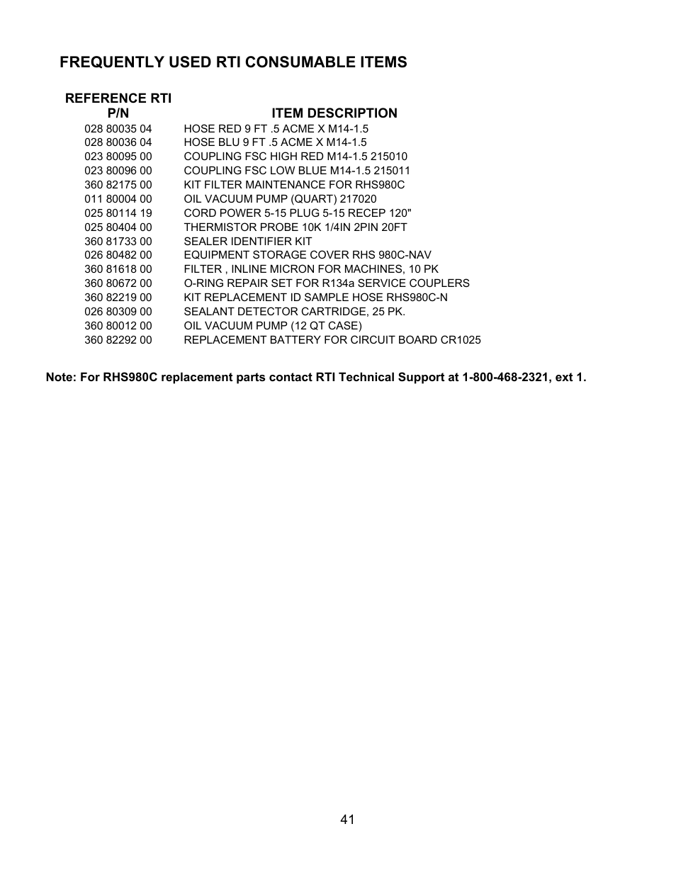 Frequently used rti consumable items | MAHLE RTI RHS980C User Manual | Page 42 / 45