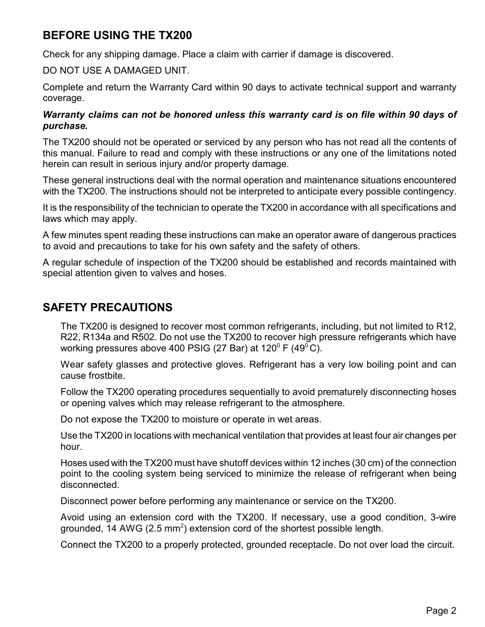 Before using the tx200, Safety precautions | MAHLE RTI TX200 User Manual | Page 3 / 11