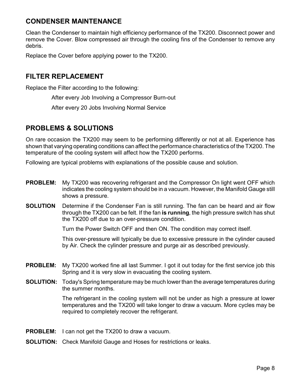 Condenser maintenance, Filter replacement, Problems & solutions | MAHLE RTI TX200 User Manual | Page 9 / 11