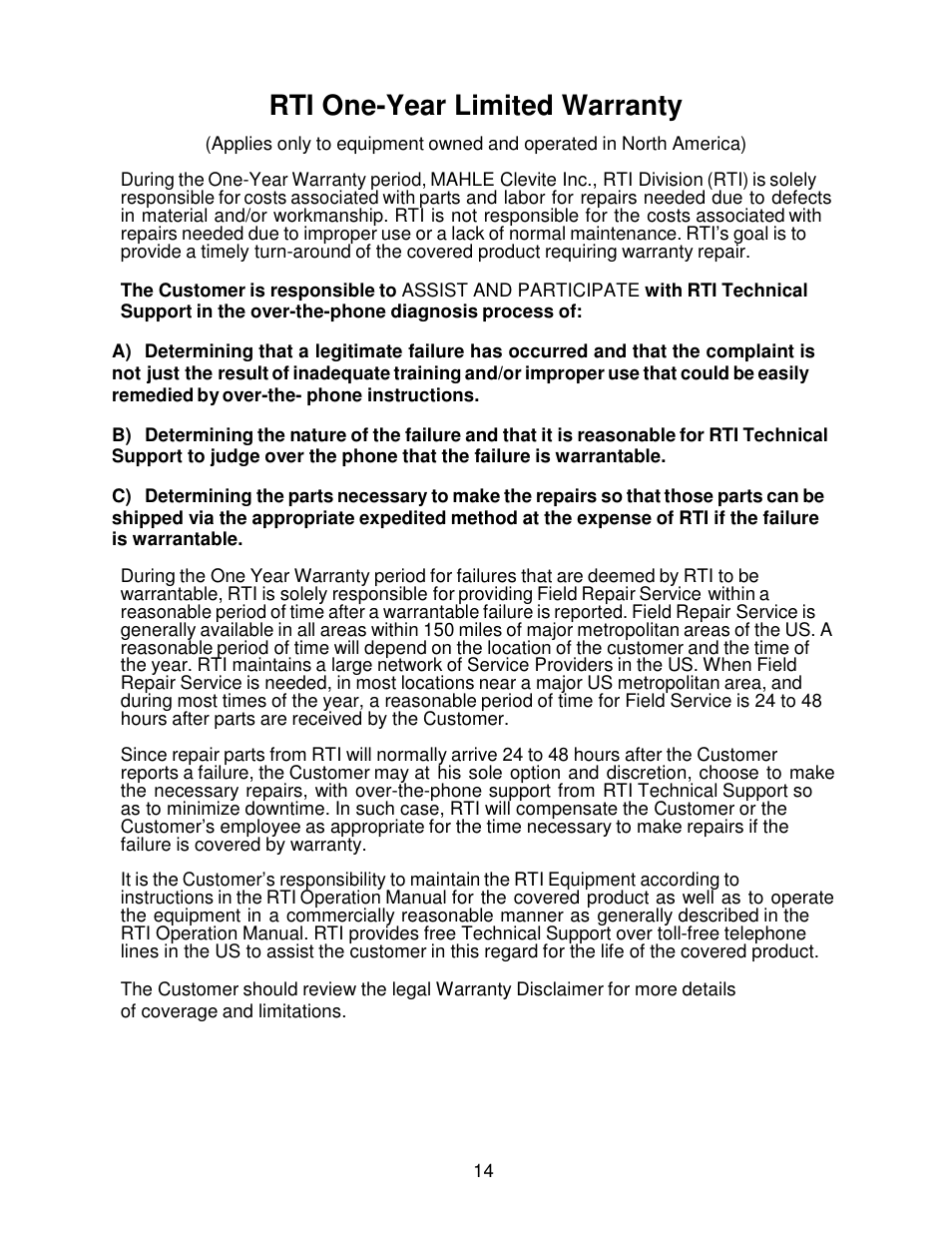 Rti one-year limited warranty | MAHLE RTI ACF-3000 User Manual | Page 15 / 17