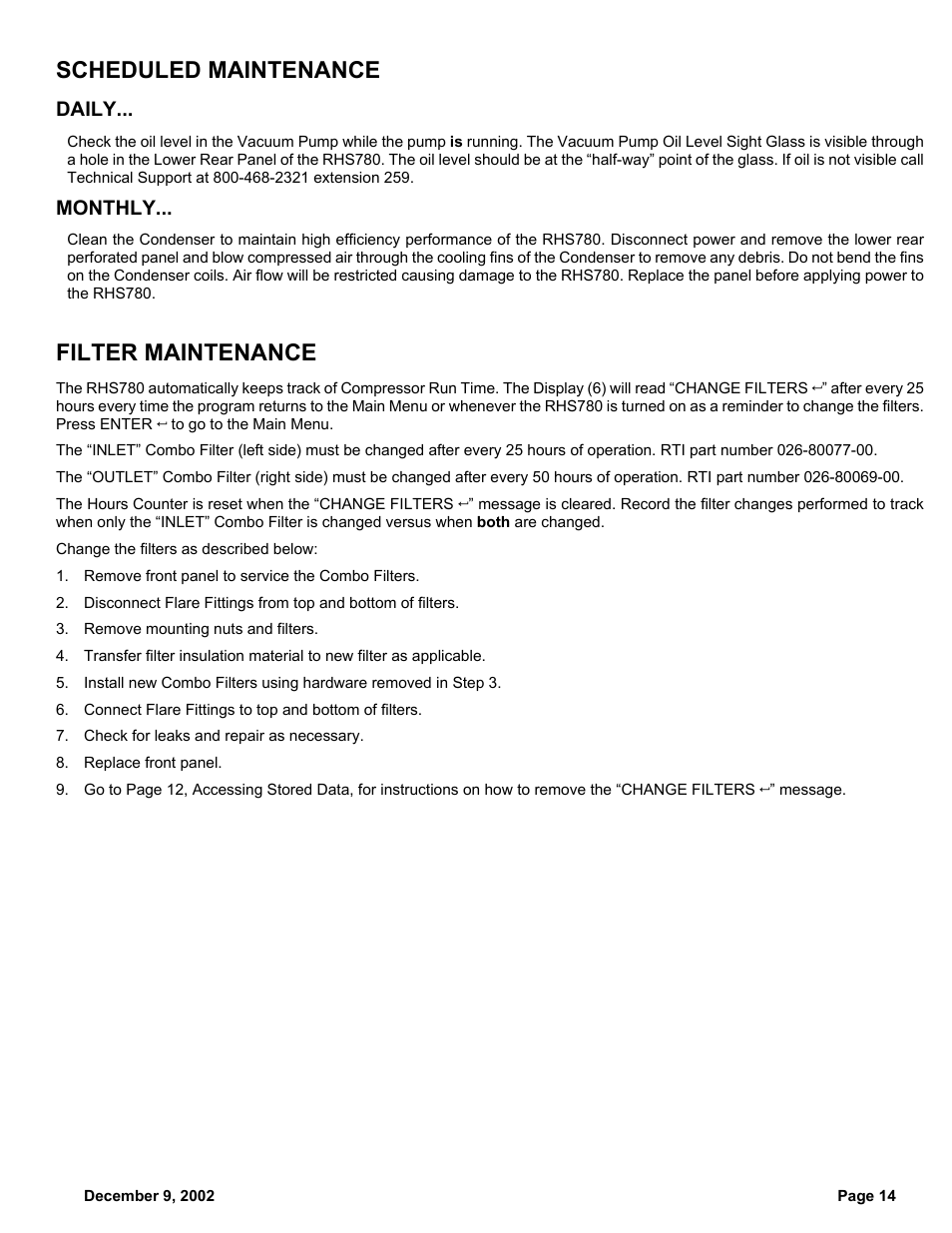 Scheduled maintenance, Filter maintenance, Daily | Monthly | MAHLE RTI RHS780 User Manual | Page 15 / 18