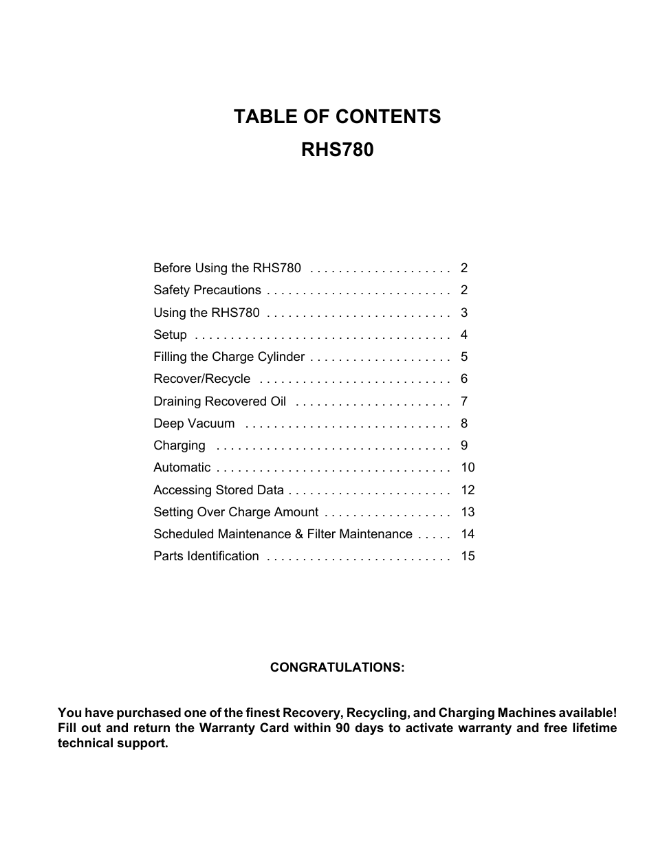 Table of contents rhs780 | MAHLE RTI RHS780 User Manual | Page 2 / 18