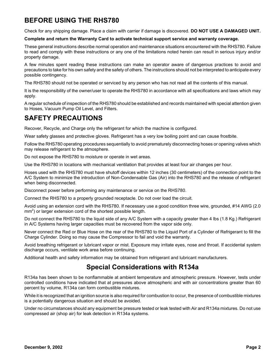Before using the rhs780, Safety precautions, Special considerations with r134a | MAHLE RTI RHS780 User Manual | Page 3 / 18