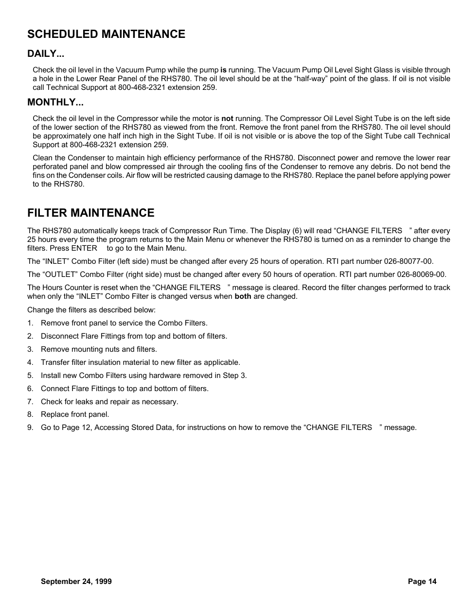 Scheduled maintenance, Filter maintenance, Daily | Monthly | MAHLE RTI RHS780 User Manual | Page 15 / 15