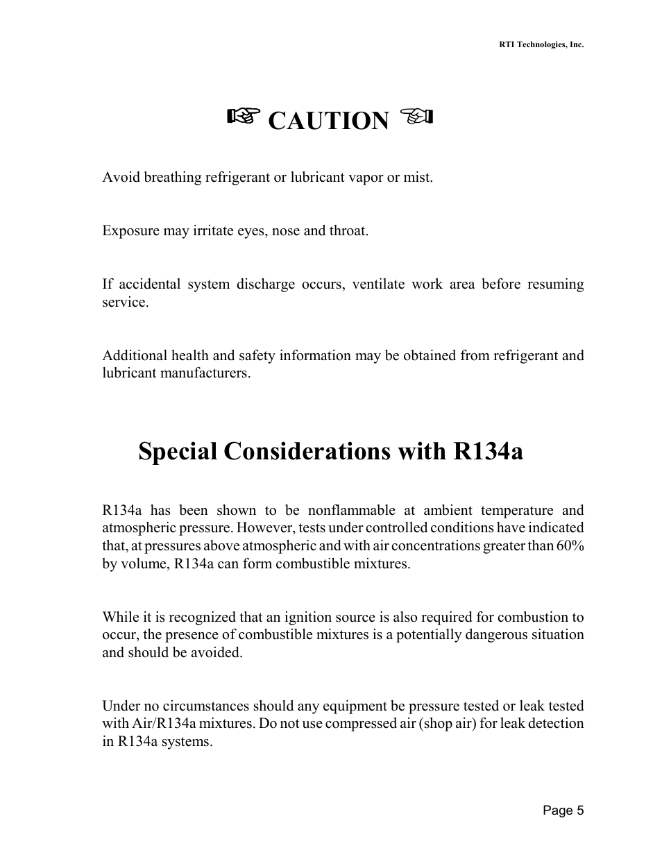 Caution, Special considerations with r134a | MAHLE RTI TC670E User Manual | Page 6 / 20