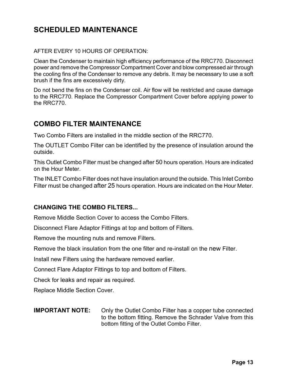Scheduled maintenance, Combo filter maintenance | MAHLE RTI RRC770A User Manual | Page 16 / 21