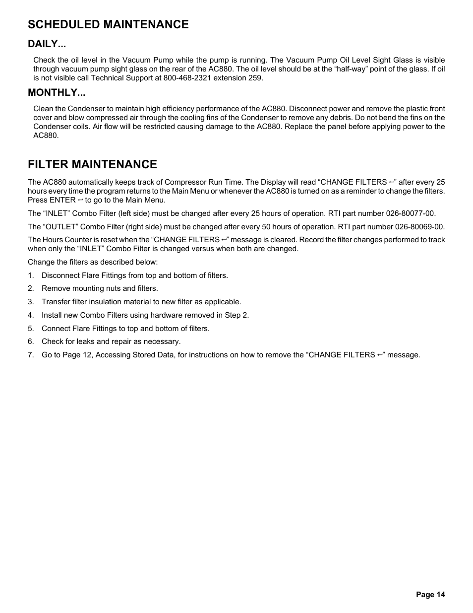 Scheduled maintenance, Filter maintenance, Daily | Monthly | MAHLE RTI Matco AC880 User Manual | Page 15 / 18