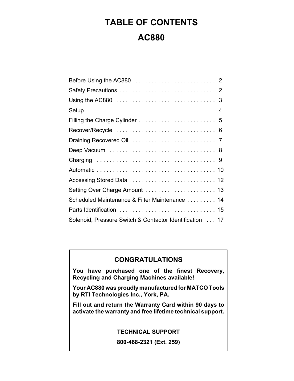 Table of contents ac880 | MAHLE RTI Matco AC880 User Manual | Page 2 / 18