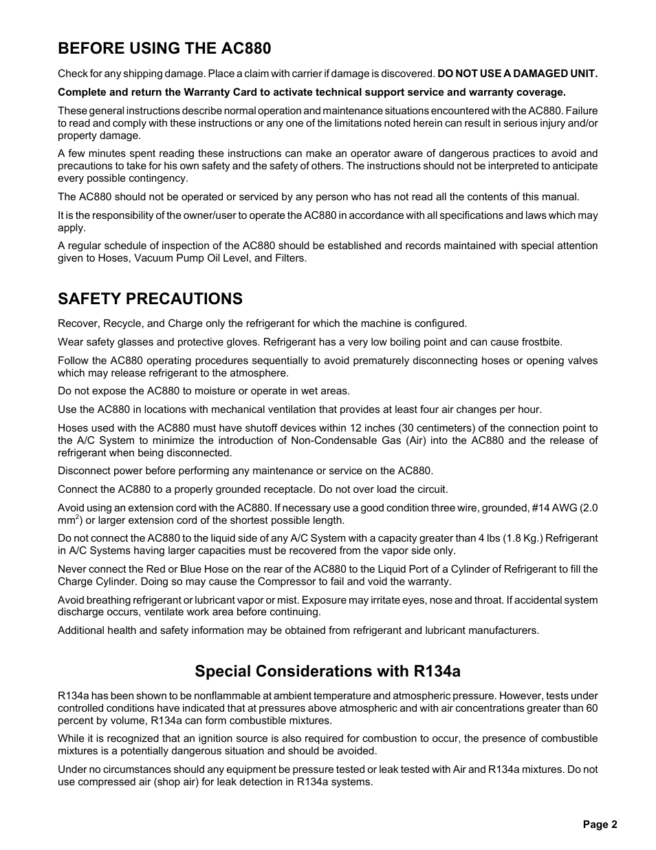 Before using the ac880, Safety precautions, Special considerations with r134a | MAHLE RTI Matco AC880 User Manual | Page 3 / 18