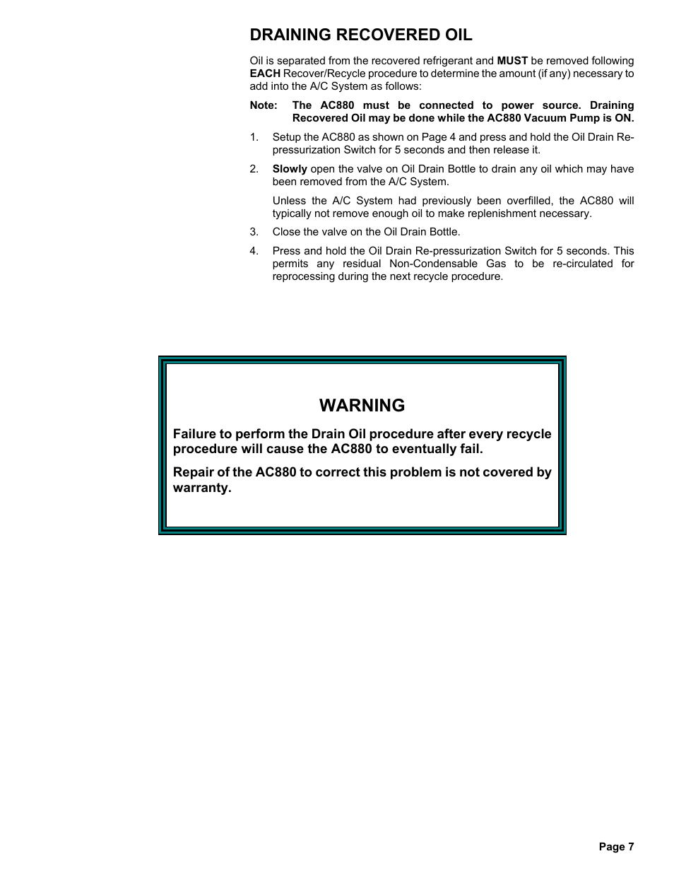 Warning, Draining recovered oil | MAHLE RTI Matco AC880 User Manual | Page 8 / 18