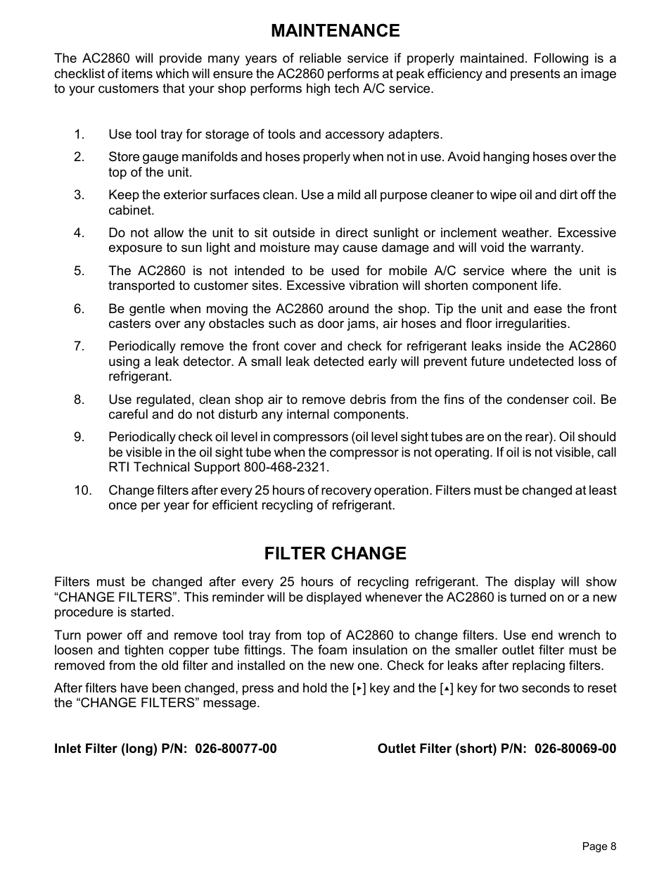 Maintenance, Filter change | MAHLE RTI Matco AC2860 User Manual | Page 10 / 12