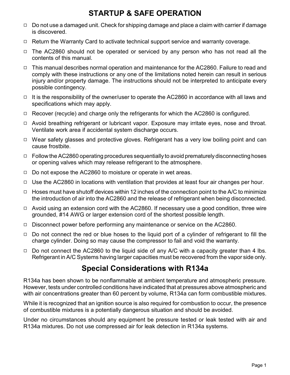 Startup & safe operation, Special considerations with r134a | MAHLE RTI Matco AC2860 User Manual | Page 3 / 12