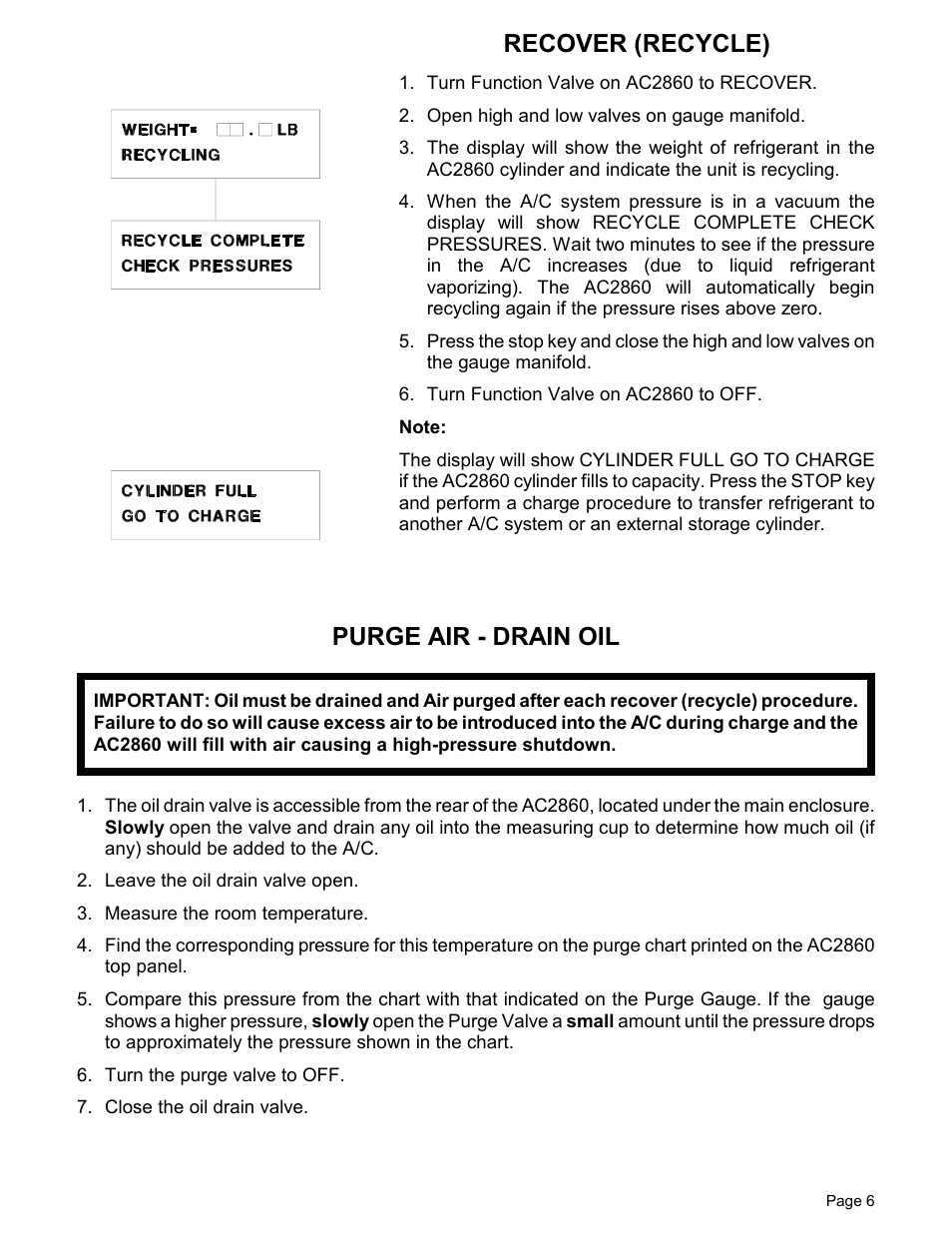 Recover (recycle), Purge air - drain oil | MAHLE RTI Matco AC2860 User Manual | Page 8 / 12