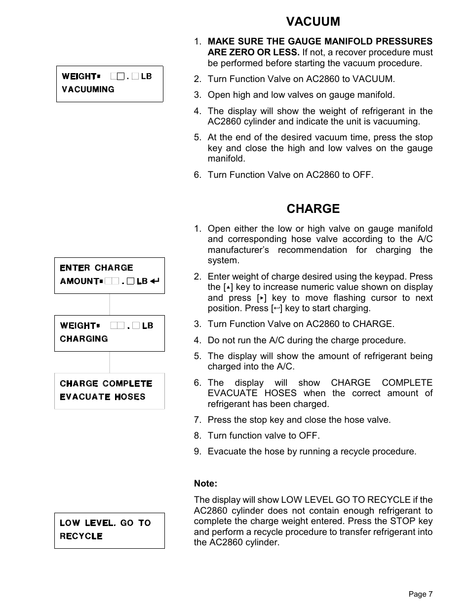 Vacuum, Charge | MAHLE RTI Matco AC2860 User Manual | Page 9 / 12