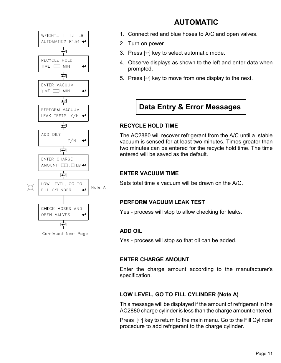 Data entry & error messages automatic | MAHLE RTI Matco AC2880 User Manual | Page 13 / 21