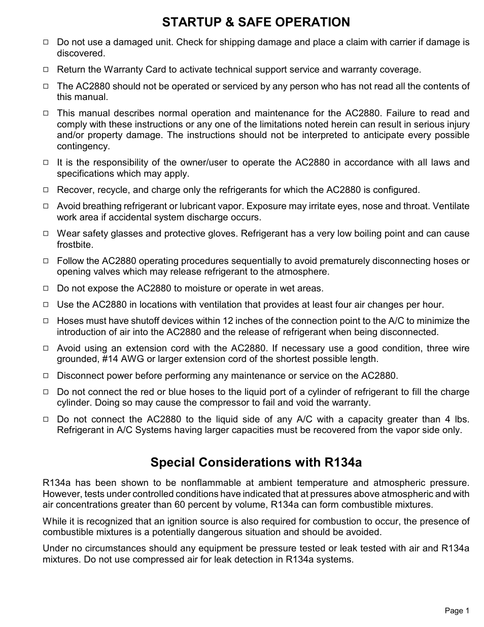 Startup & safe operation, Special considerations with r134a | MAHLE RTI Matco AC2880 User Manual | Page 3 / 21