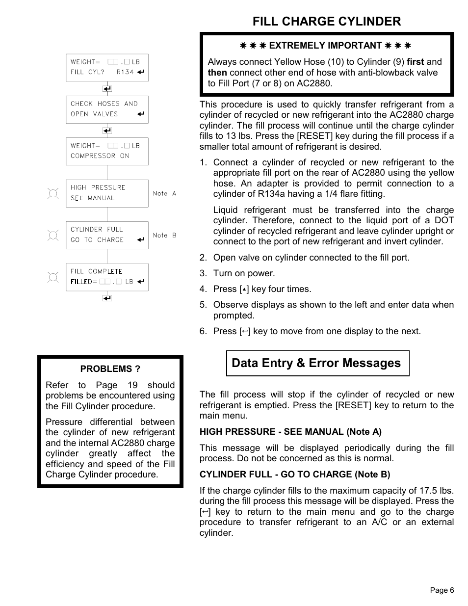 Fill charge cylinder, Data entry & error messages | MAHLE RTI Matco AC2880 User Manual | Page 8 / 21