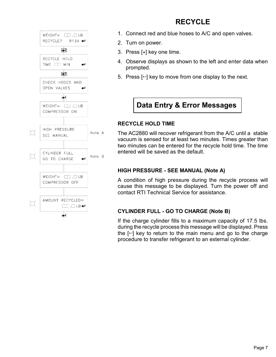 Recycle, Data entry & error messages | MAHLE RTI Matco AC2880 User Manual | Page 9 / 21