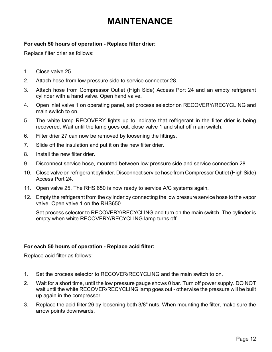 Maintenance | MAHLE RTI RHS650 User Manual | Page 13 / 13