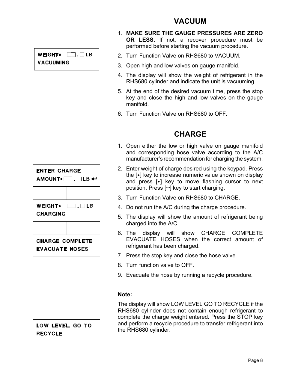 Vacuum, Charge | MAHLE RTI RHS680 User Manual | Page 10 / 13