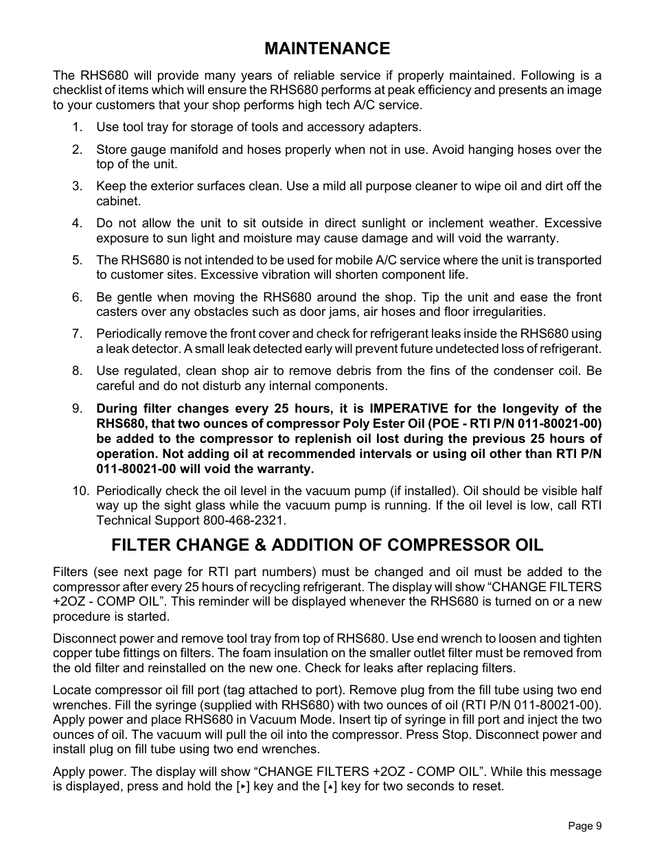 Maintenance, Filter change & addition of compressor oil | MAHLE RTI RHS680 User Manual | Page 11 / 13