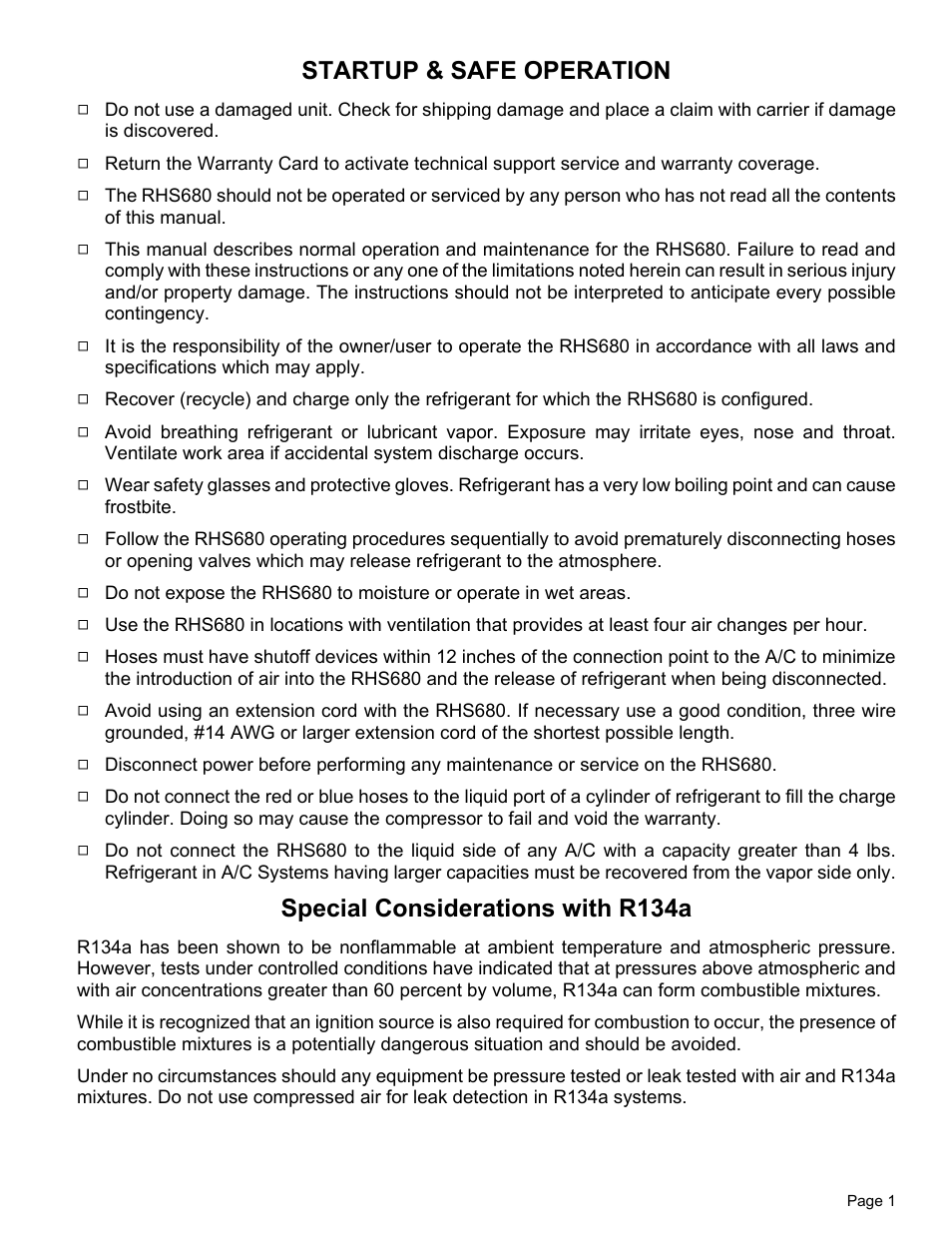 Startup & safe operation, Special considerations with r134a | MAHLE RTI RHS680 User Manual | Page 3 / 13