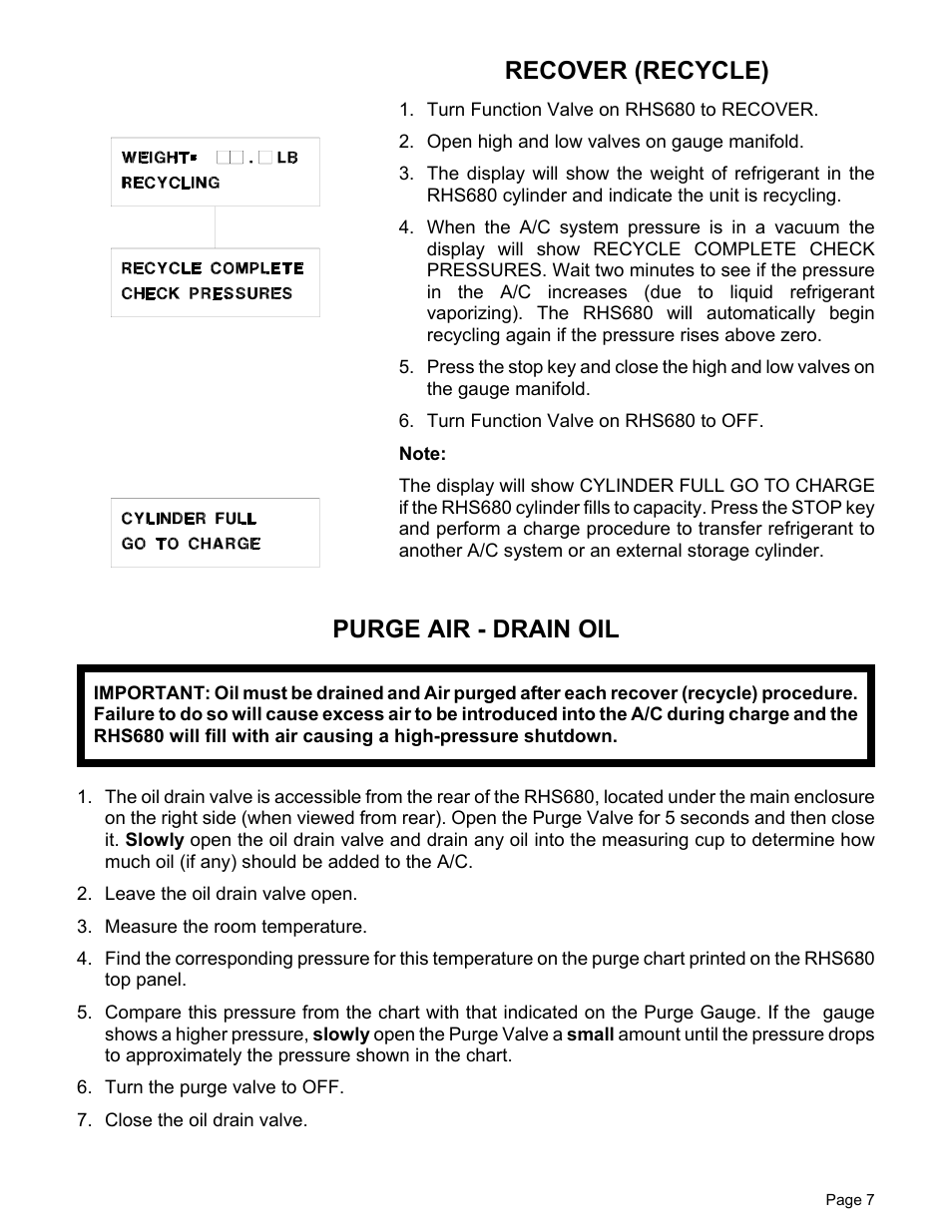 Recover (recycle), Purge air - drain oil | MAHLE RTI RHS680 User Manual | Page 9 / 13