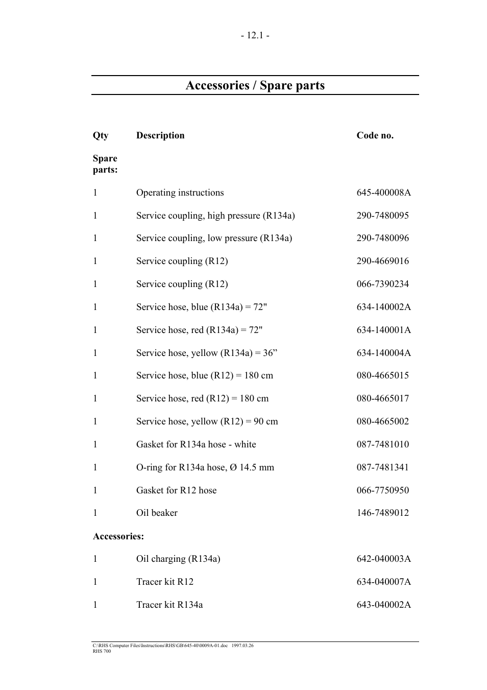 Accessories / spare parts | MAHLE RTI RHS700 User Manual | Page 22 / 34
