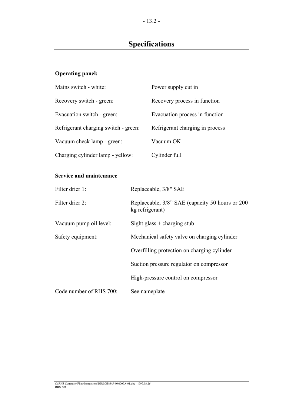 Specifications | MAHLE RTI RHS700 User Manual | Page 24 / 34