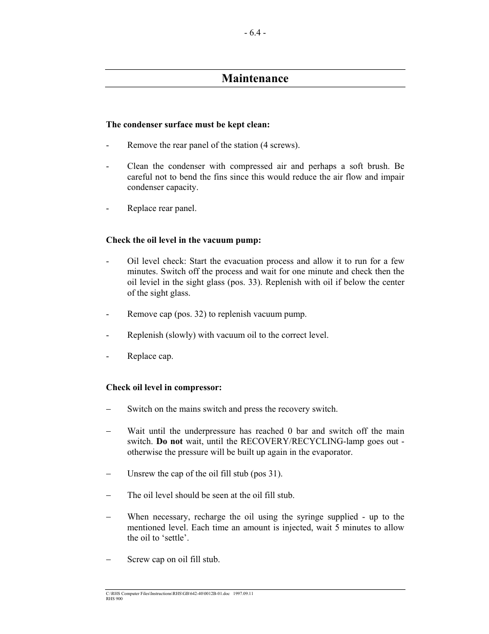Maintenance | MAHLE RTI RHS900 User Manual | Page 27 / 50
