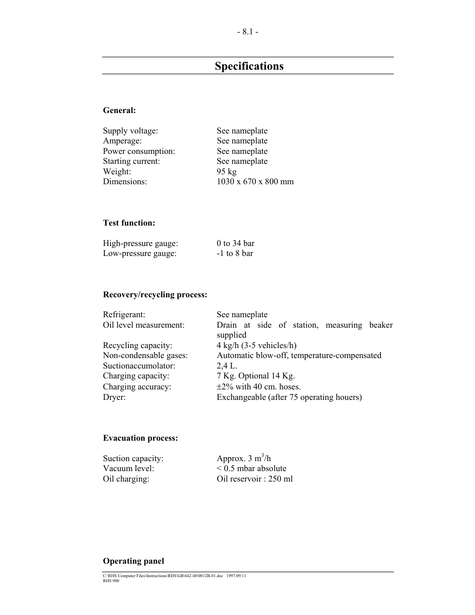 Specifications | MAHLE RTI RHS900 User Manual | Page 35 / 50