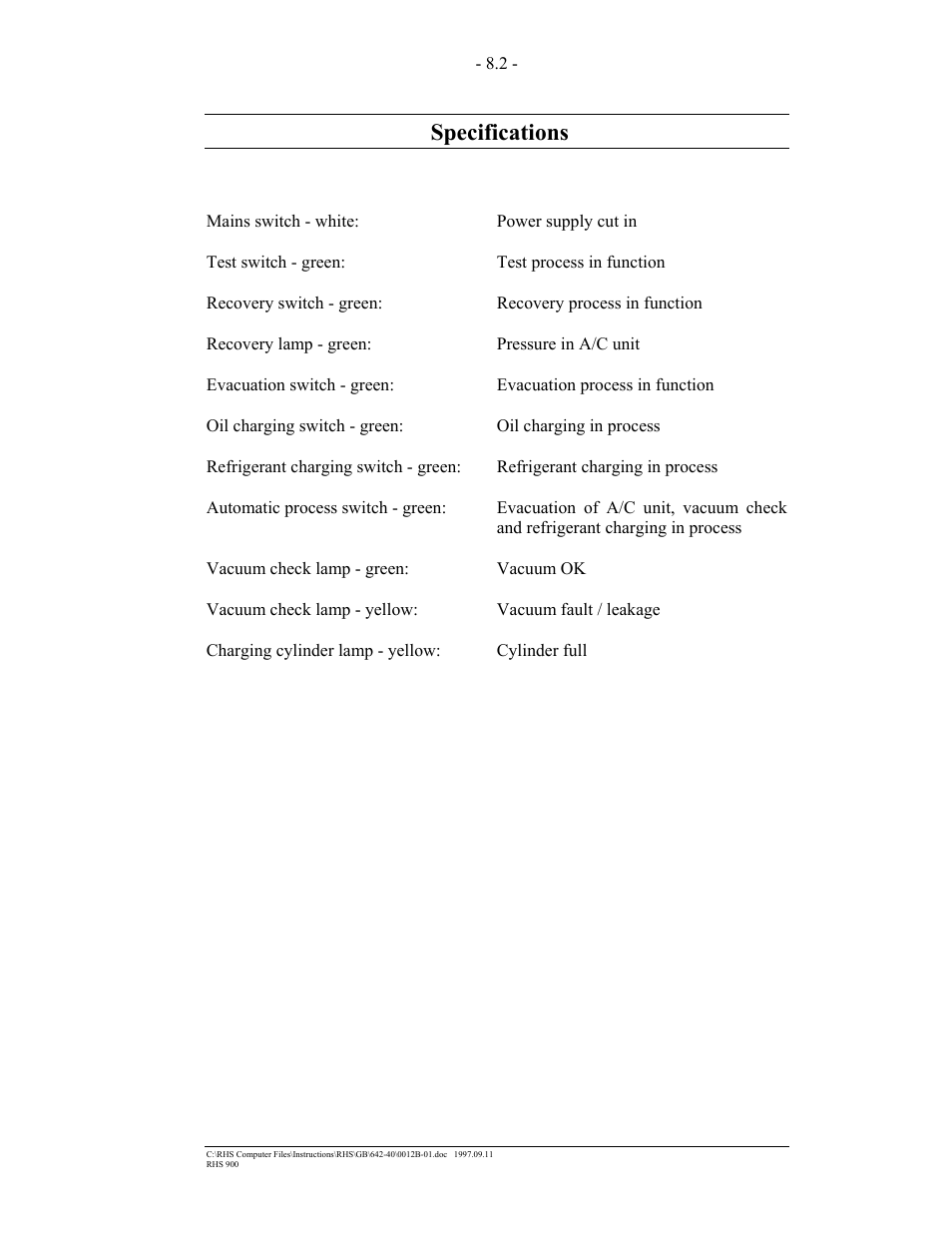 Specifications | MAHLE RTI RHS900 User Manual | Page 36 / 50