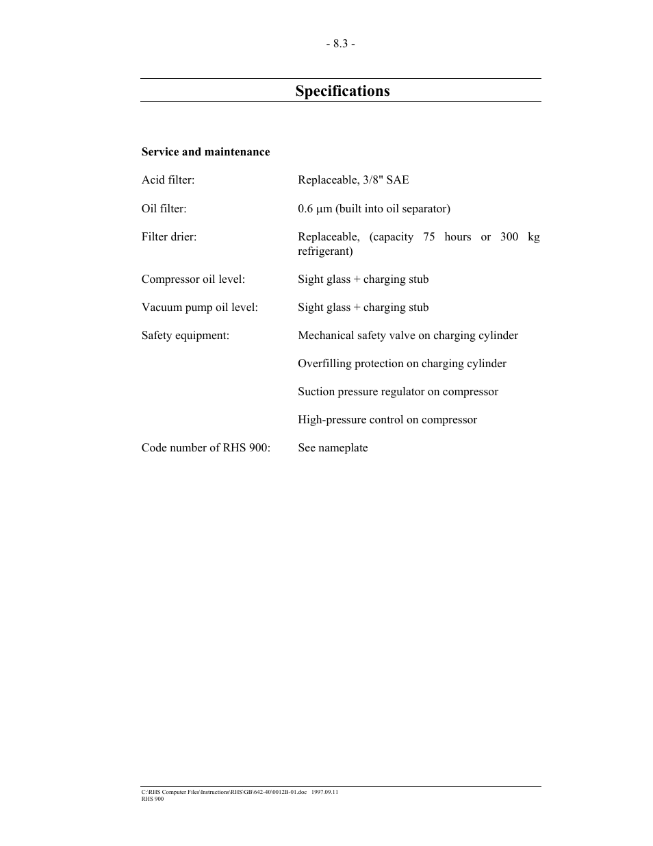 Specifications | MAHLE RTI RHS900 User Manual | Page 37 / 50