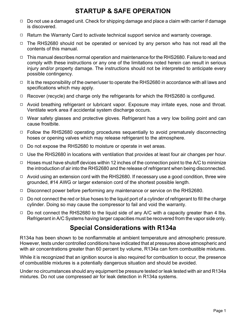 Startup & safe operation, Special considerations with r134a | MAHLE RTI RHS2680 User Manual | Page 3 / 13