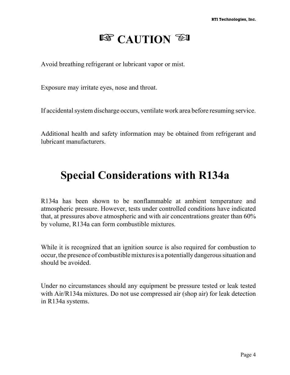 Caution, Special considerations with r134a | MAHLE RTI TX600 User Manual | Page 5 / 18