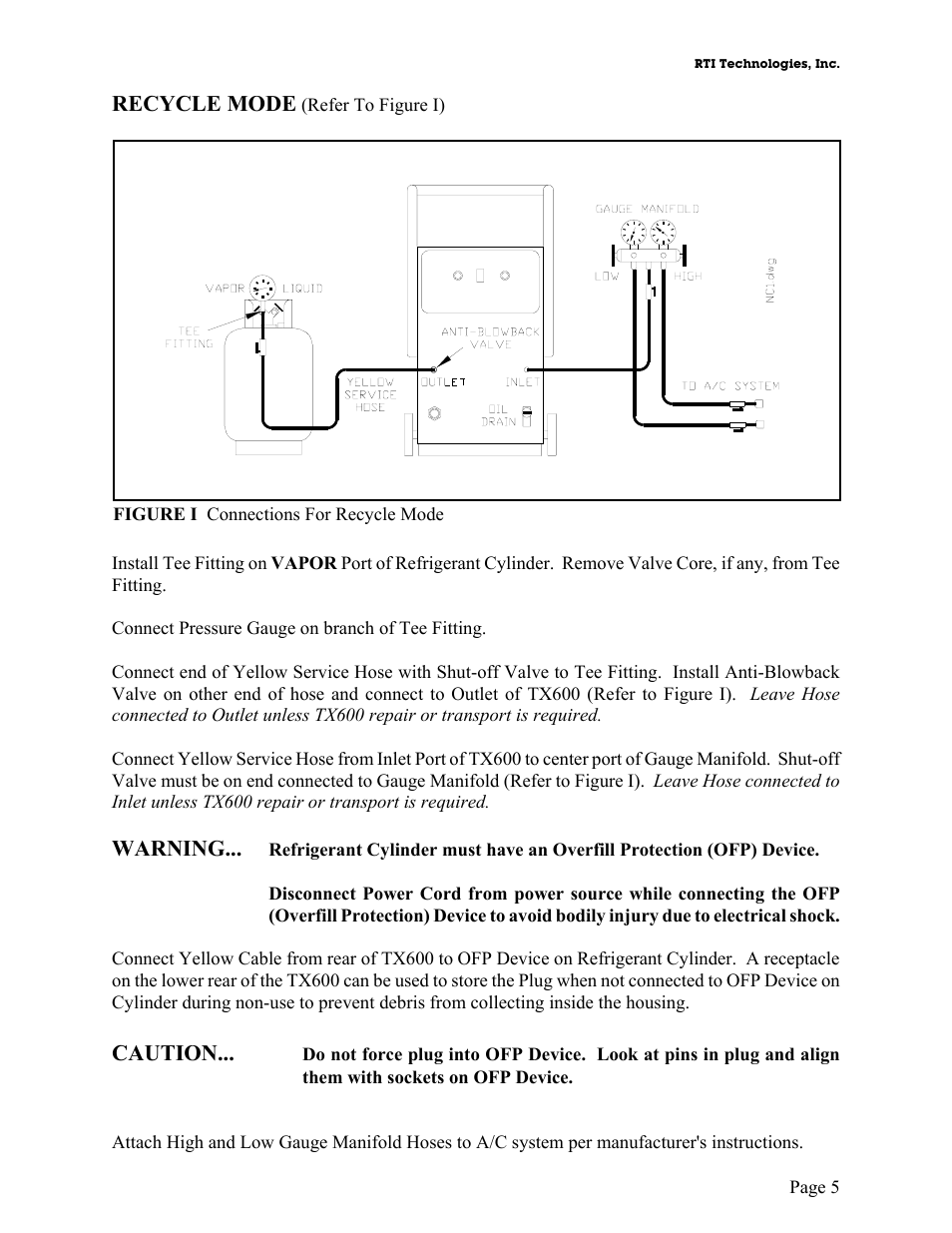 Recycle mode, Warning, Caution | MAHLE RTI TX600 User Manual | Page 6 / 18