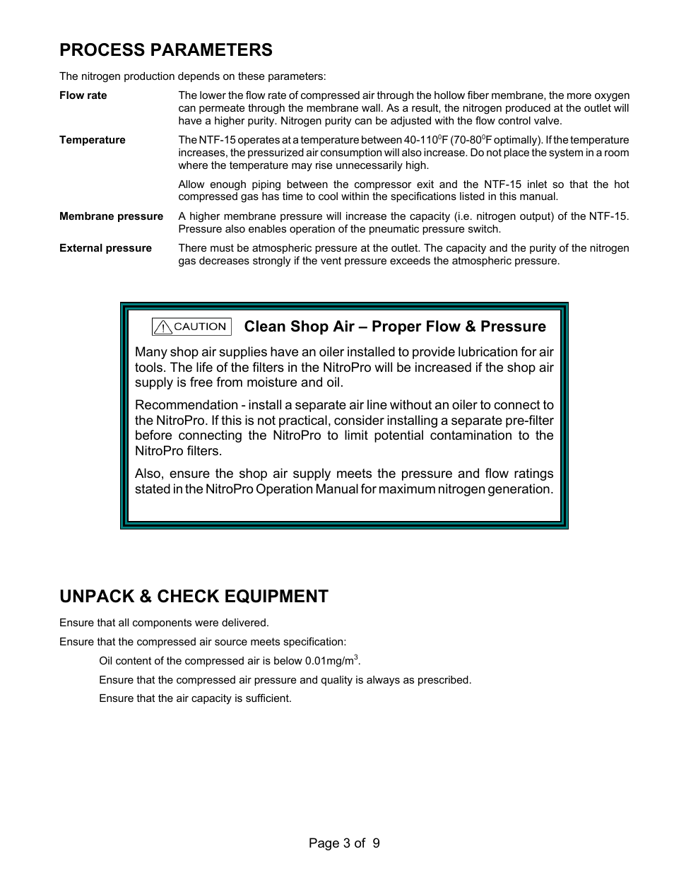 Process parameters, Unpack & check equipment, Clean shop air – proper flow & pressure | MAHLE RTI NTF-15 User Manual | Page 5 / 11