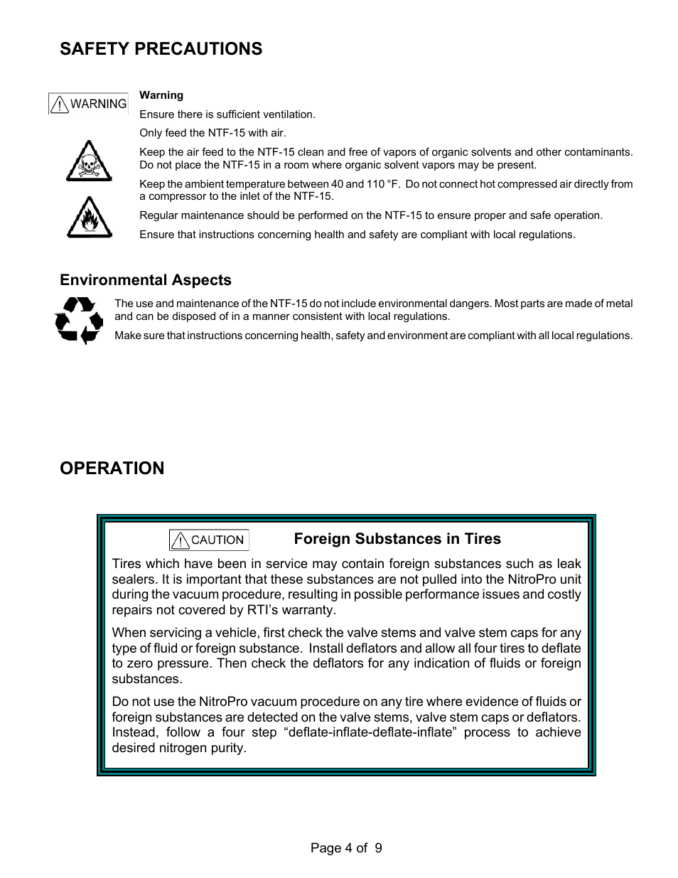 Safety precautions, Operation, Foreign substances in tires | Environmental aspects | MAHLE RTI NTF-15 User Manual | Page 6 / 11