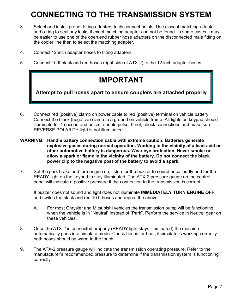 Connecting to the transmission system, Important | MAHLE RTI ATX-2PS (Rev B) User Manual | Page 8 / 15