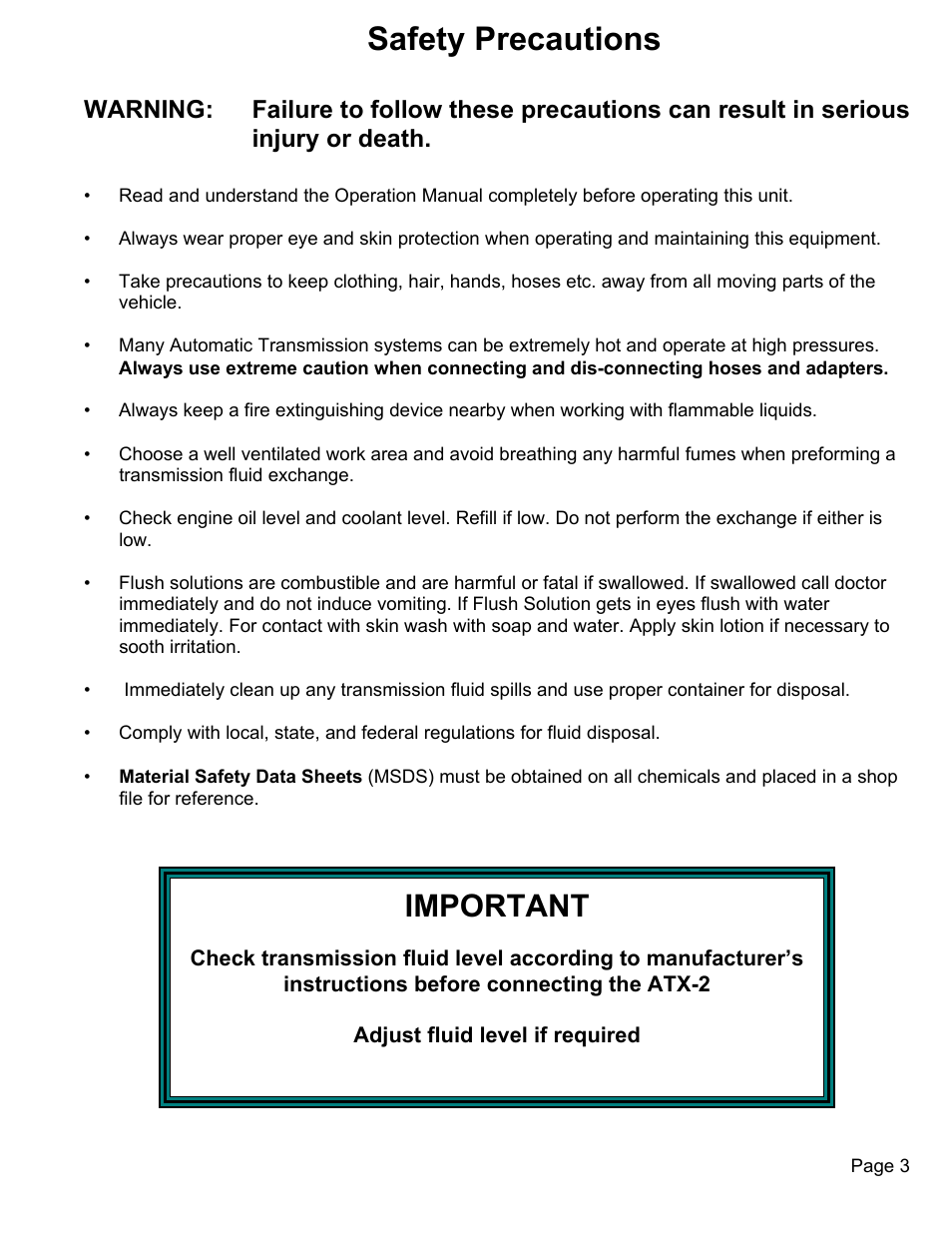 Safety precautions, Important | MAHLE RTI ATX-2PS (Rev D) User Manual | Page 4 / 17